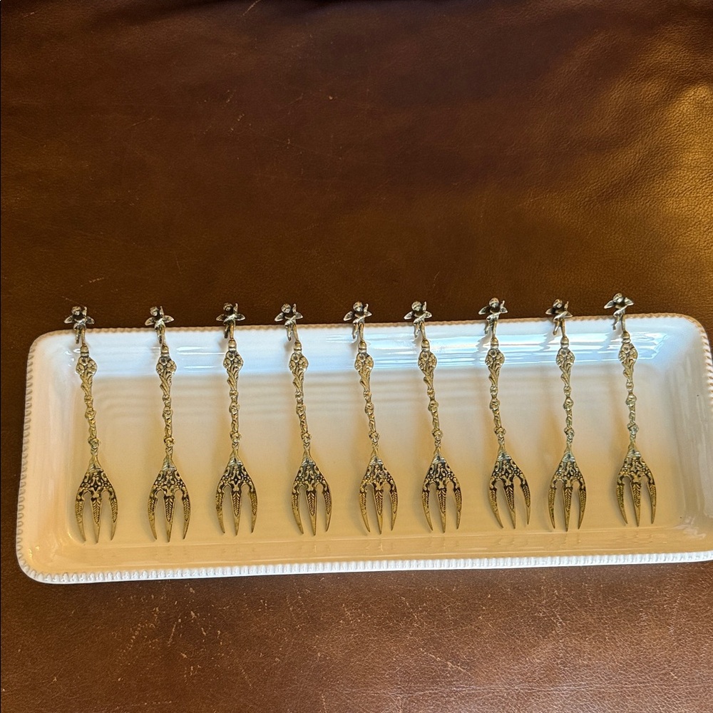 Italian Made Set of 9 Cherub Appetizer Ornate Silver Serving Forks.